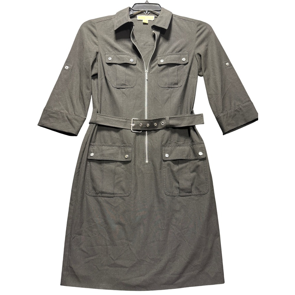 Michael Kors Safari Shirt Dress Womens Small Black Belted Zip Utility